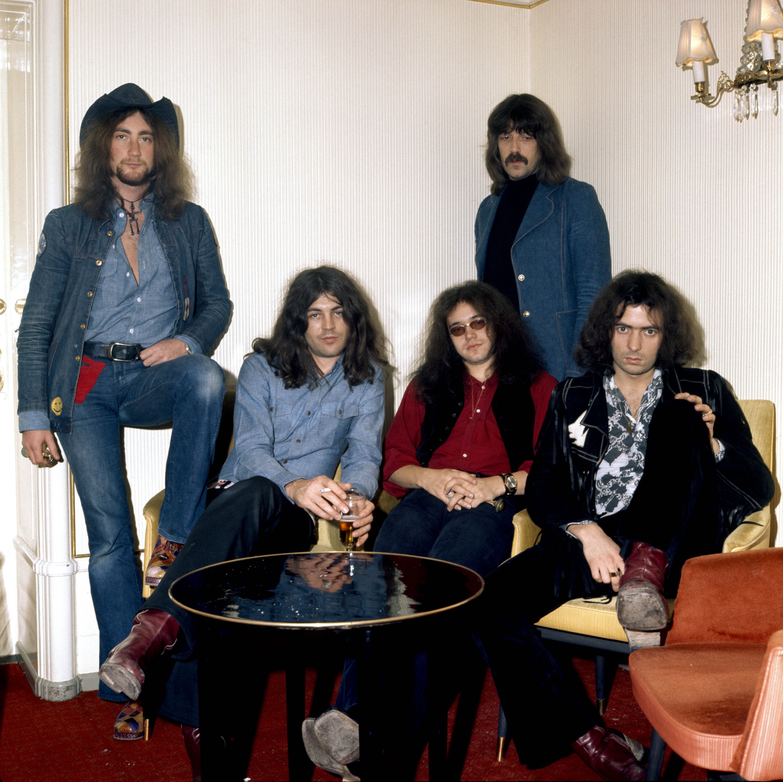 Roger Glover, Ian Gillan, Ian Paice, Jon Lord and Ritchie Blackmore of Deep Purple pose for a group shot in a hotel